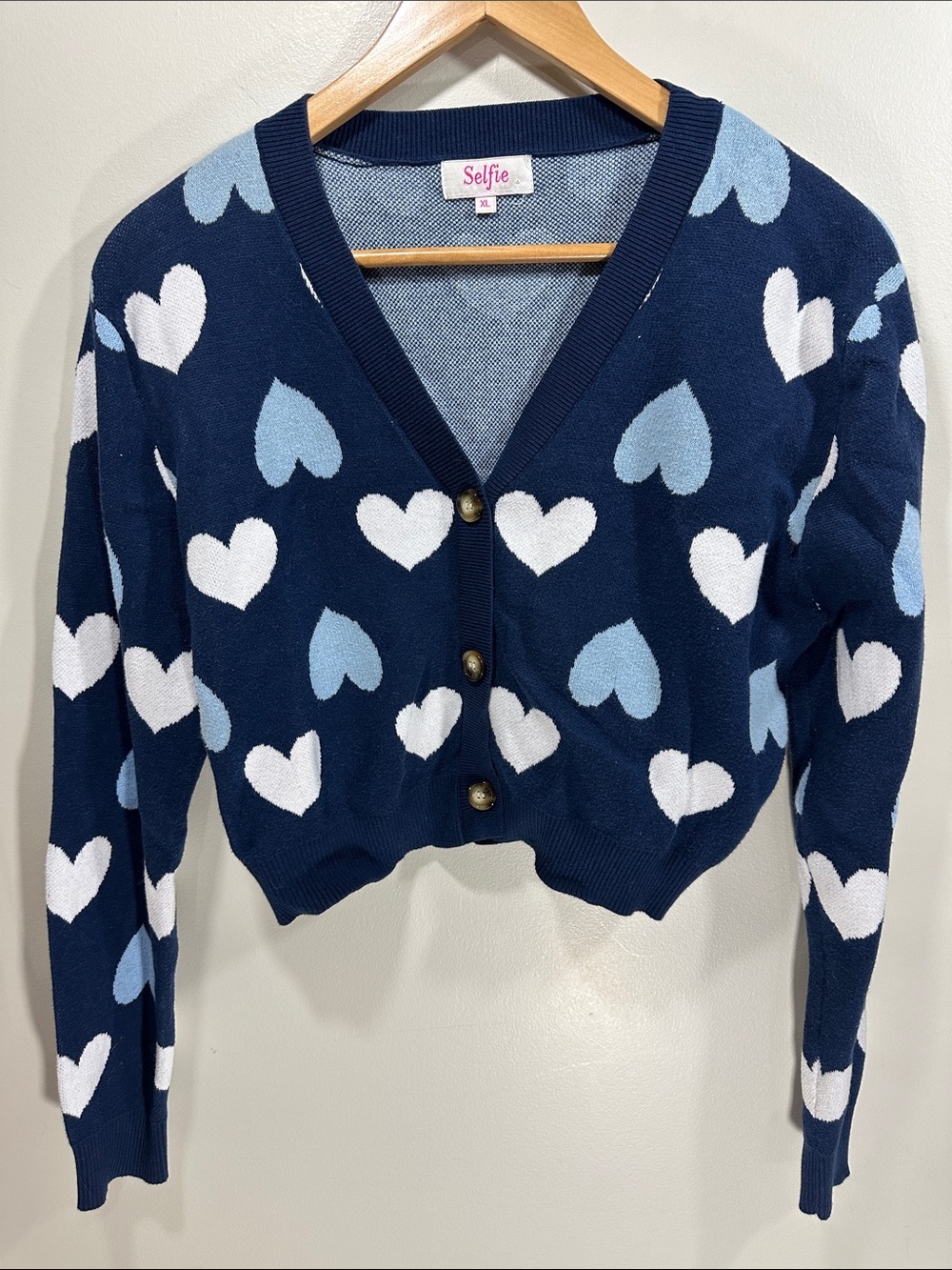 Navy Heart-Print V-Neck cropped Cardigan Sweater